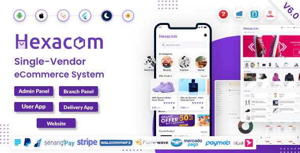 Hexacom v6.0 Nulled - single vendor eCommerce App with Website, Admin Panel and Delivery boy app