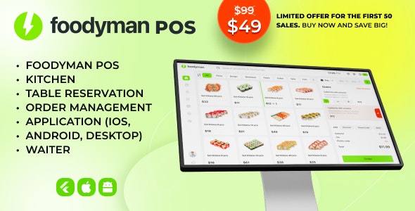 Foodyman POS v1.0 Nulled - A single restaurant POS Kitchen Table Reservation + Waiter Application (iOS, Android, Desktop)