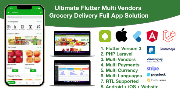 Grocery / delivery services / ecommerce multi vendors(android + iOS + website) flutter 3 / laravel v5.0 Free